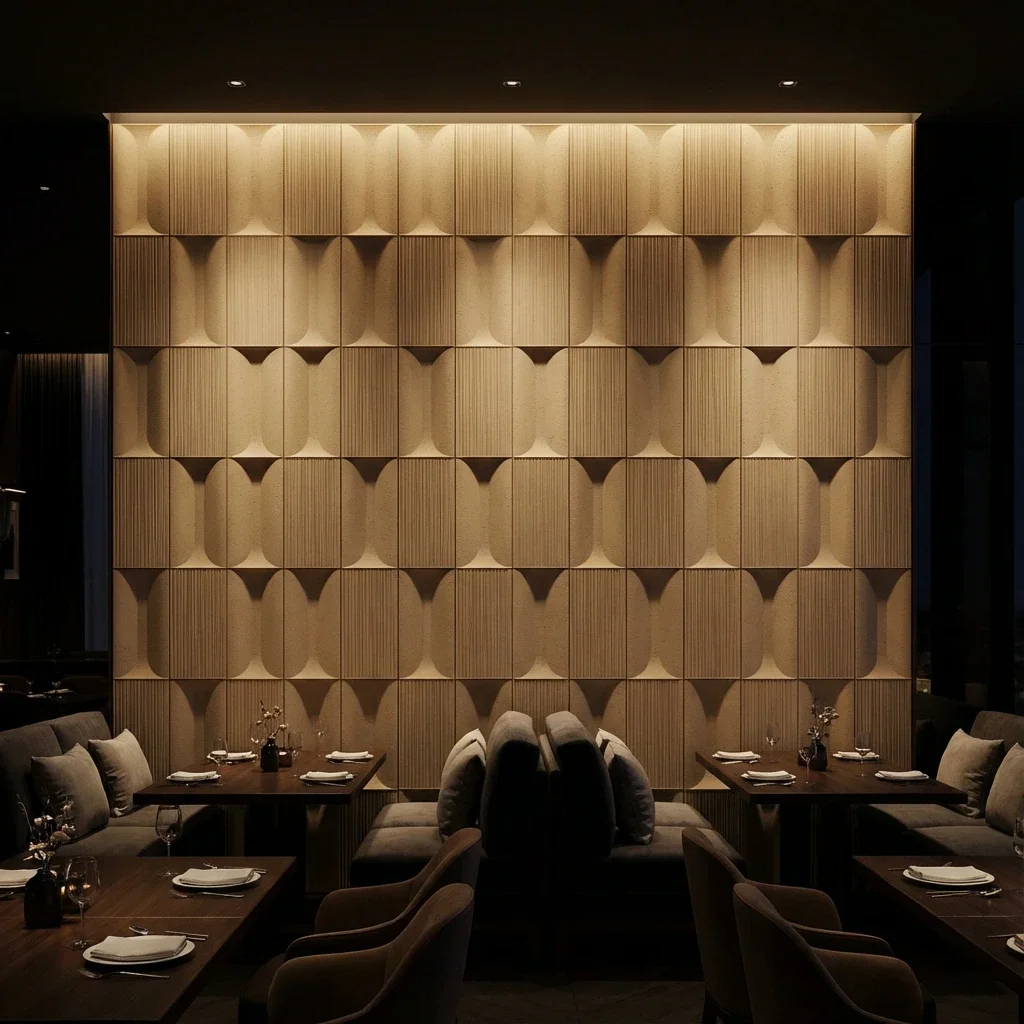 Rock panel Breeze Gold in a real interior as an accent wall